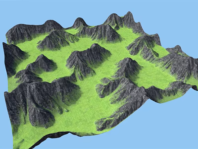 3D Terrain Model with Green Grass and Black Mountains Against Blue Sky 3d model