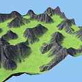 3D Terrain Model with Green Grass and Black Mountains Against Blue Sky