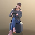 Child Sitting On Blue Cube Holding Game Controller Wearing Gray Off Shoulder Sweater Blue Jeans 3d model