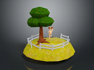 Tree With Green Canopy Brown Trunk And Small Figure In White Fence Yellow Grassy Area 3d model