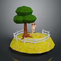 Tree With Green Canopy Brown Trunk And Small Figure In White Fence Yellow Grassy Area