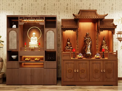 Traditional Wooden Buddhist Shrine Cabinet With Chinese-style Roof Buddha Statue And Offerings 3d model