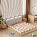 Modern Double Bed with White Headboard Green and White Pillows Beige Blanket and Wooden Floor
