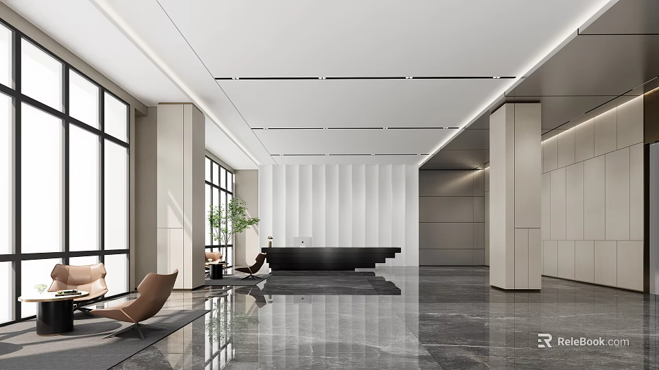 Modern Reception Lobby With Black Front Desk Marble Floor White Walls And Green Plants 3d model 