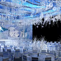 Blue Ocean Themed Banquet Hall With Hanging Whale Decor And Frosty Staircase Design