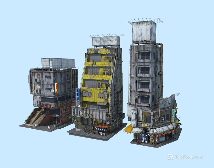Futuristic Cyberpunk Cityscape Featuring Tall Industrial Buildings With Antennas And Ground Level Shops 3d model 