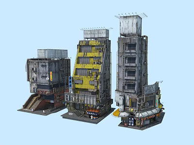 Futuristic Cyberpunk Cityscape Featuring Tall Industrial Buildings With Antennas And Ground Level Shops 3d model