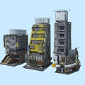 Futuristic Cyberpunk Cityscape Featuring Tall Industrial Buildings With Antennas And Ground Level Shops