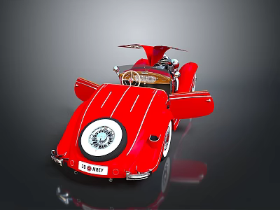 Red Vintage Toy Car With Winged Design Circular Emblem And Spirit License Plate 3d model