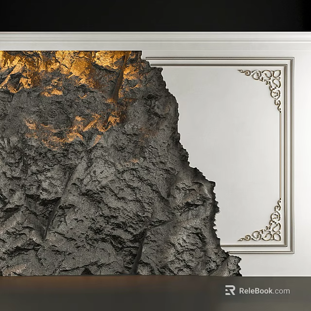White Background Wall With Rock Texture Golden Accents And Ornate Frame 3d model 