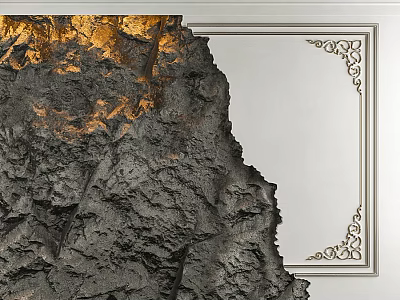 White Background Wall With Rock Texture Golden Accents And Ornate Frame 3d model