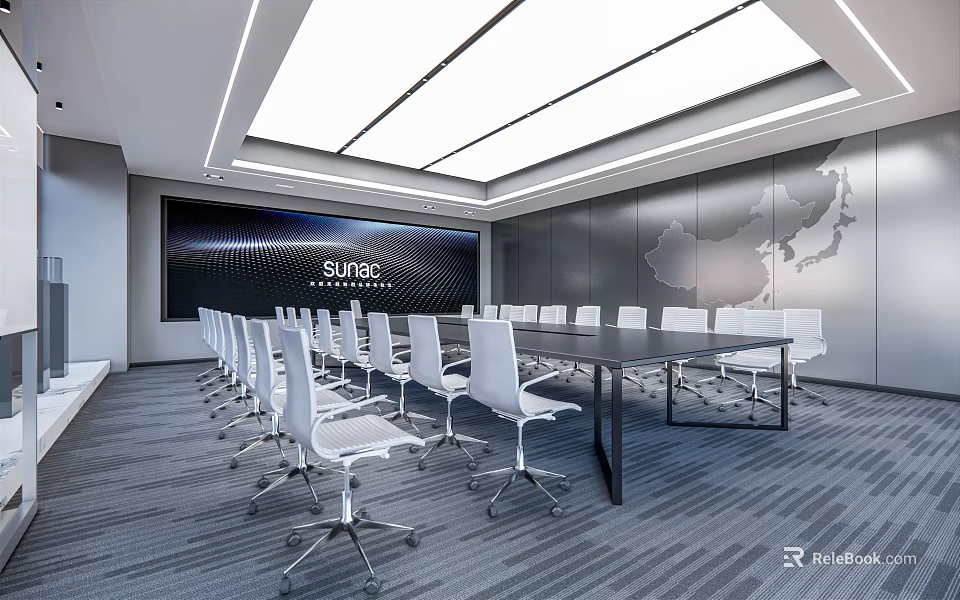 Modern Conference Room With Long Table White Chairs Large Screen And World Map Backdrop 3d model 