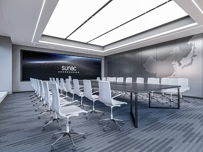 Modern Conference Room With Long Table White Chairs Large Screen And World Map Backdrop 3d model