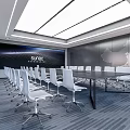Modern Conference Room With Long Table White Chairs Large Screen And World Map Backdrop