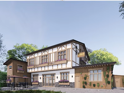 Two Story Building With Wood And White Exterior Windows Vines Surrounding Trees Outdoor Tables 3d model
