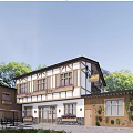 Two Story Building With Wood And White Exterior Windows Vines Surrounding Trees Outdoor Tables