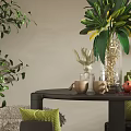 Modern Dining Table Set With Green Plants Hanging Pendant Light And Metal Shelf