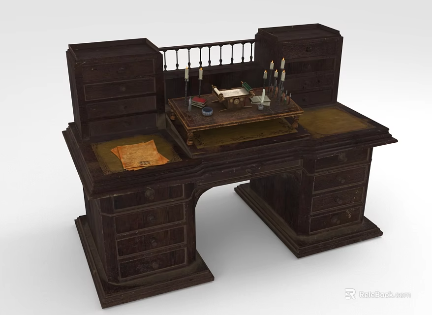 Vintage Dark Wooden Desk With Multiple Drawers Candles Papers And Inkstand 3d model 