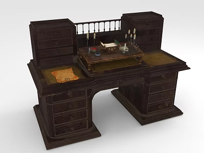 Vintage Dark Wooden Desk With Multiple Drawers Candles Papers And Inkstand 3d model