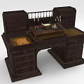 Vintage Dark Wooden Desk With Multiple Drawers Candles Papers And Inkstand