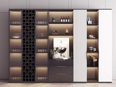 Modern Wine Cabinet Interior Design With Wine Bottles Glasses Decorative Items And Lighting 3d model