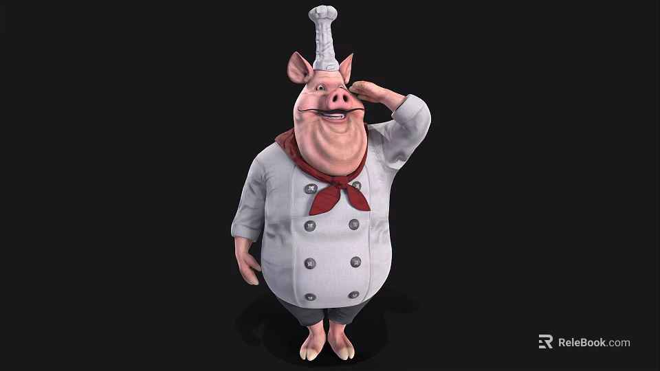 Cartoon Pig Chef Character Wearing White Uniform With Chef Hat And Red Bow Tie 3d model 