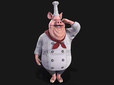 Cartoon Pig Chef Character Wearing White Uniform With Chef Hat And Red Bow Tie 3d model