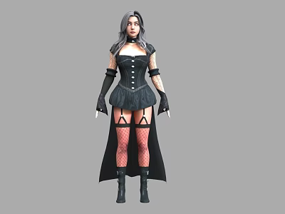 Woman With Gray Hair Wearing Black Corset Long Gloves Fishnet Stockings And Long Cape 3d model