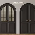 French Vintage Arched Black Double Doors with Glass Panels and Brass Handles