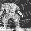 Game Movie Mech Warrior With Gray White Orange Armor Mechanical Structure And Metal Frame Background