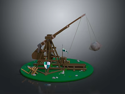 Wooden Medieval Trebuchet With Projectile Arm Flags Shield And Circular Base 3d model