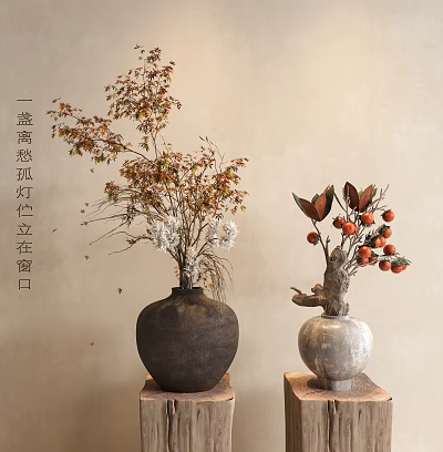 Dark and Light Clay Pots with Branches Red Leaves White Flowers Red Fruits Near Window 3d model