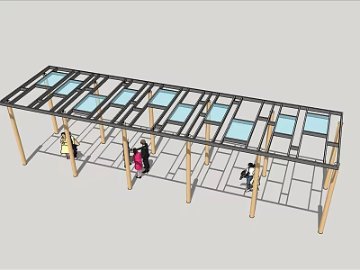 Outdoor Pergola With Wooden Columns Glass Roof And Paved Floor For People Gathering 3d model
