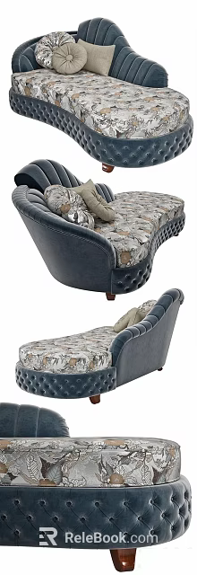 Elegant Navy Leather Chaise Lounge with Patterned Fabric Tufted Details and Wooden Legs 3d model 