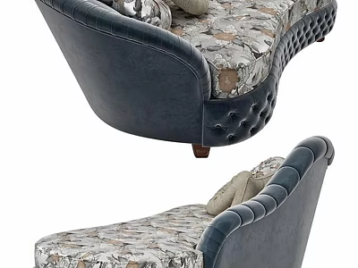 Elegant Navy Leather Chaise Lounge with Patterned Fabric Tufted Details and Wooden Legs 3d model