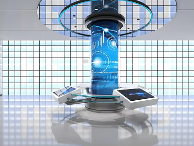 Tech Exhibition Hall With Cylindrical Display Blue Tech Graphics Interactive Touchscreens And Modern Design 3d model