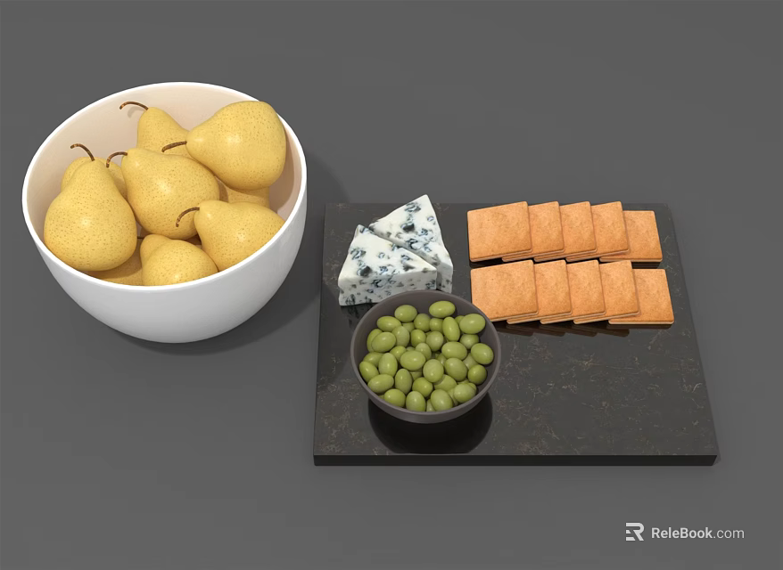 Fresh Pears in White Bowl with Blue Cheese Crackers and Green Olives on Slate 3d model 