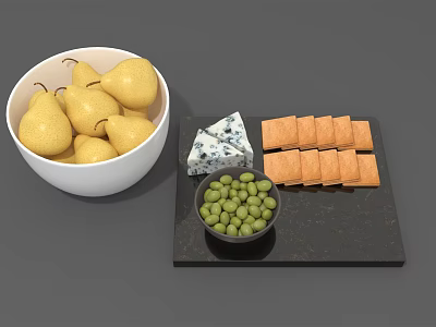 Fresh Pears in White Bowl with Blue Cheese Crackers and Green Olives on Slate 3d model