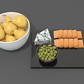 Fresh Pears in White Bowl with Blue Cheese Crackers and Green Olives on Slate