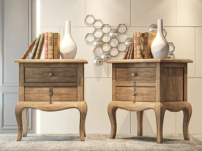 Two Wooden Nightstands With Books And White Vases On Top Against White Wall And Circular Decorations 3d model