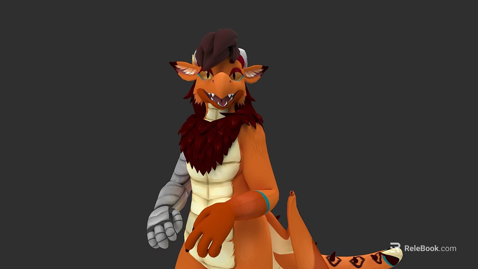 Orange Dragon Like Game And Movie Character With Brown Mane Mechanical Arm And Tail Patterns 3d model 
