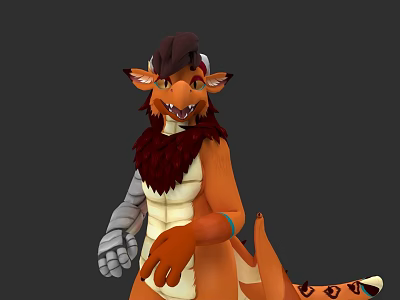 Orange Dragon Like Game And Movie Character With Brown Mane Mechanical Arm And Tail Patterns 3d model