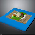 Fresh Food Plate with White Tofu Boiled Eggs Green Vegetables Red Garnish on Blue Mat