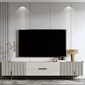 Modern White TV Stand With Drawer Decorative Vase Gold Lamp And Striped Wall