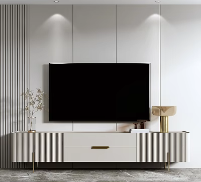 Modern White TV Stand With Drawer Decorative Vase Gold Lamp And Striped Wall 3d model