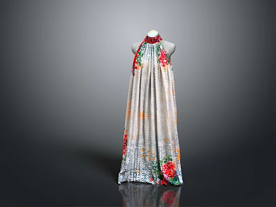 Elegant Halter Neck Floral Print Dress with Silver Gray Base and Red Green Accents 3d model