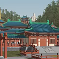 Ancient Chinese Architecture With Blue Tiled Roofs Red Structures Pagodas Amid Green Trees On Hillside