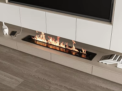 Modern Built in Fireplace With Burning Flames In Living Room Wooden Floor 3d model