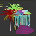 Turquoise Cabin with White Roof and Pink Steps Near Palm Trees