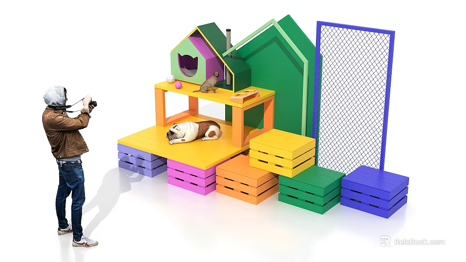 Colorful Photo Check-in Spot Featuring House Shaped Structure Playful Dog And Vibrant Blocks 3d model 